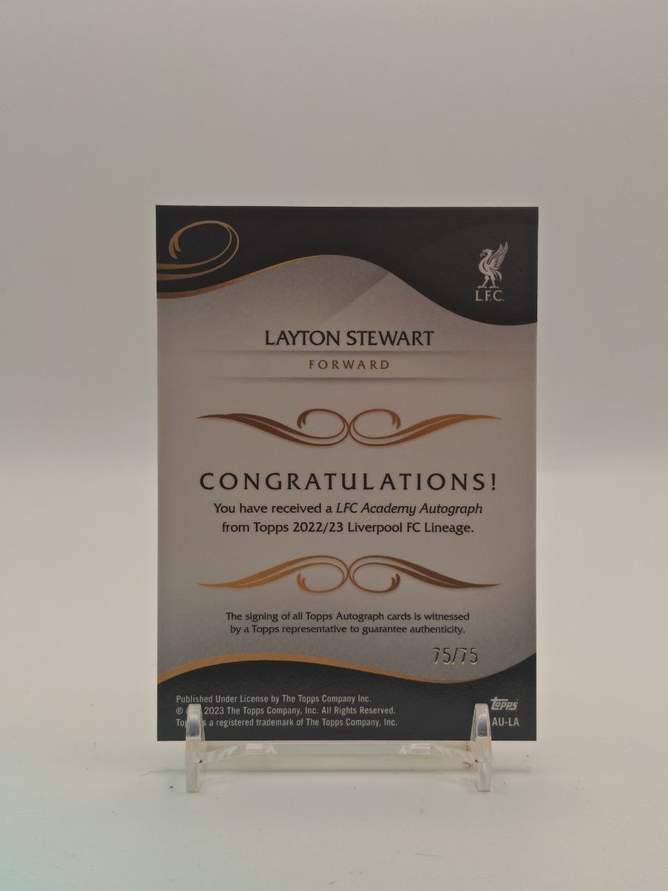 2022-23 TOPPS LIVERPOOL LINEAGE LAYTON STEWART LFC ACADEMY AUTO 1ST BOWMAN 75/75