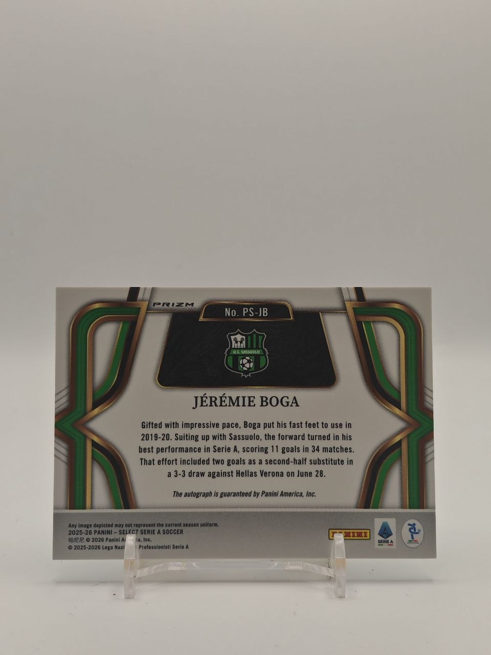 2025-26 PANINI SELECT SERIE A JÉRÉMIE BOGA SASSUOLO PITCHSIDE SIGNATURES AUTO