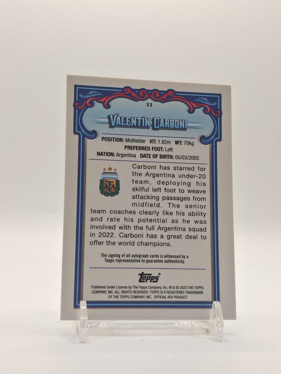2023 TOPPS BOWMAN ARGENTINA VALENTÍN CARBONI AUTO 1ST BOWMAN