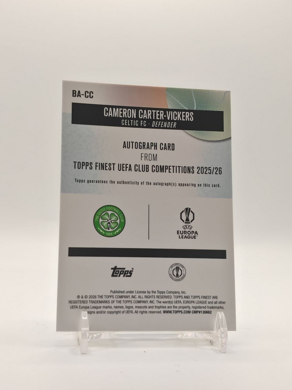 2025-26 TOPPS FINEST UEFA CLUB COMPETITIONS CAMERON CARTER-VICKERS CELTIC AUTO
