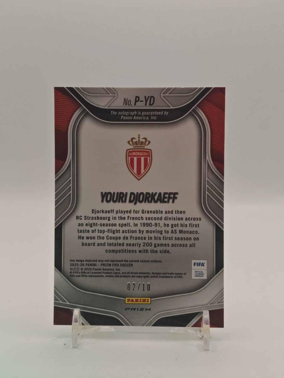 2025-26 PANINI PRIZM FIFA YOURI DJORKAEFF AS MONACO PENMANSHIP AUTO 02/10