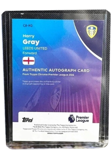 Harry Gray 2025-26 Topps Chrome Premier League Rookie Auto RC CA-HG Attaquant Leeds United