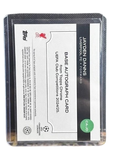 Jayden Danns 2024-25 Topps Chrome UEFA Club Competitions Base Autograph Blue Parallel CA-JD 057/150 Liverpool FC Forward RC