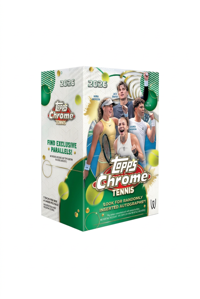 Box Topps Chrome Tennis ridotto e centrato su sfondo bianco