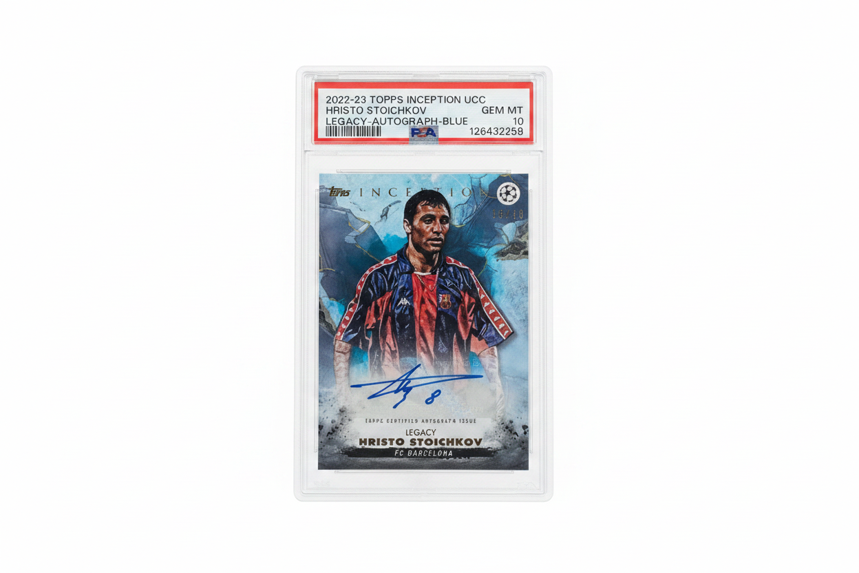 Hristo Stoichkov 2022-23 Topps Inception UCC Legacy Autograph Blue 11/49 PSA 10 GEM MINT Barcelona - Fronte