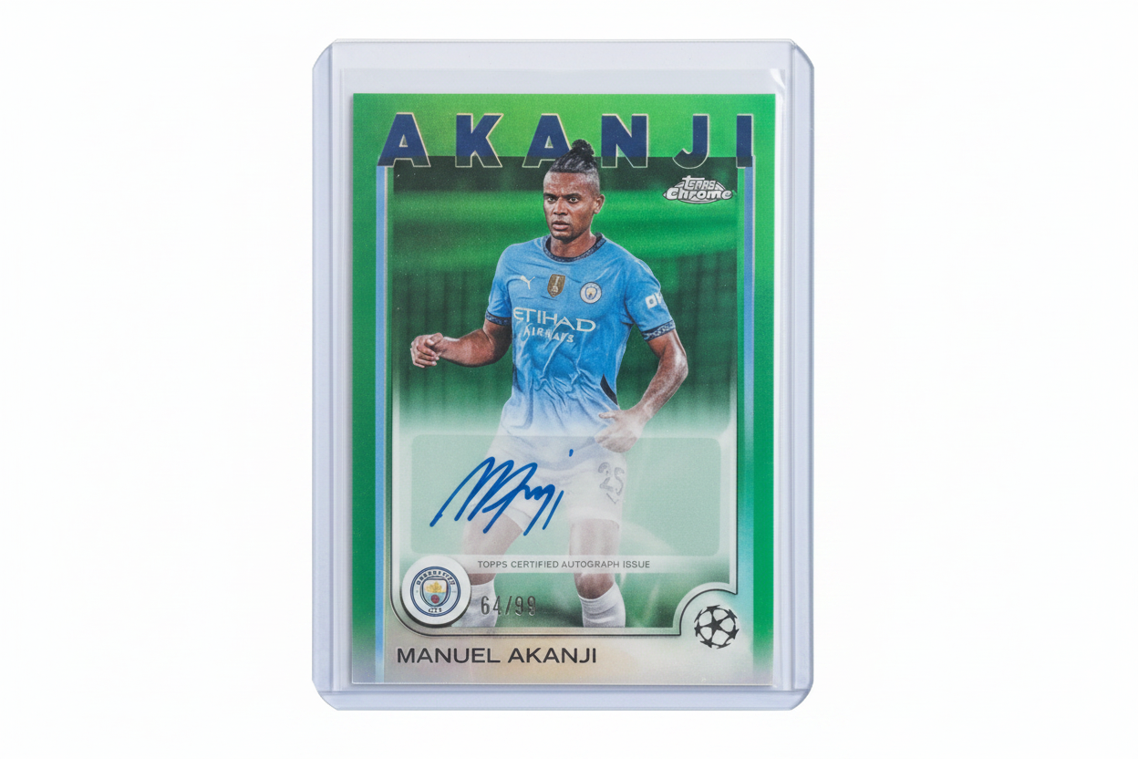Manuel Akanji 2024-25 Topps Chrome UEFA Base Autograph Green Refractor CA-MA 64/99 Manchester City - Fronte