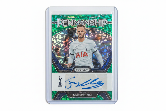 James Maddison 2023-24 Panini Prizm Premier League Penmanship Green Prizm Auto P-JM Tottenham - Fronte