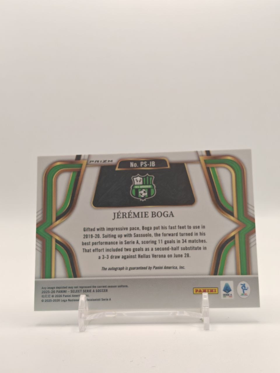 2025-26 PANINI SELECT SERIE A JÉRÉMIE BOGA SASSUOLO PITCHSIDE SIGNATURES AUTO