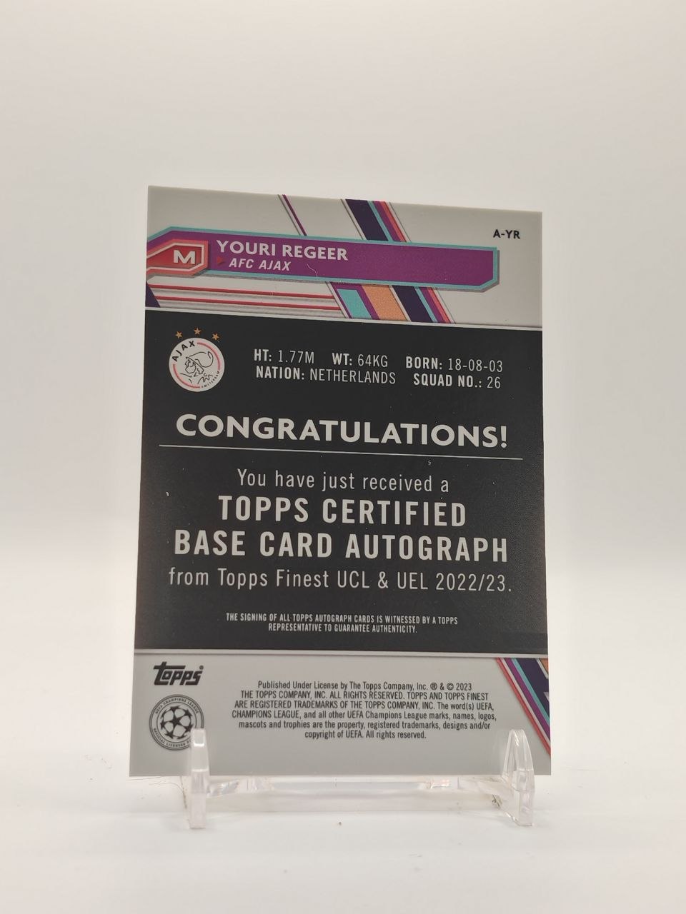2022-23 TOPPS FINEST UEFA CLUB COMPETITIONS YOURI REGEER AJAX AUTO RC