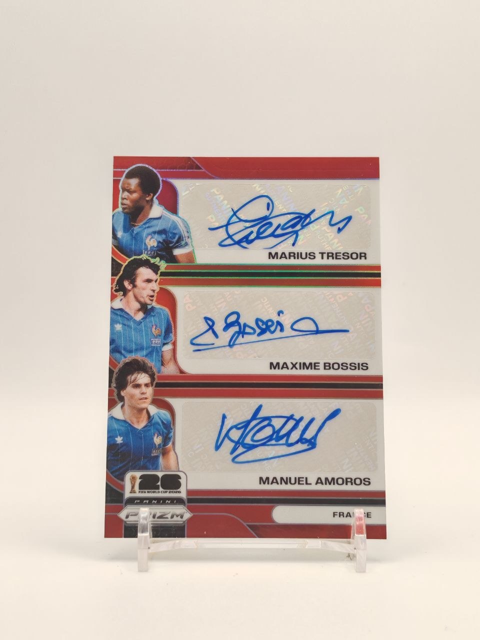Fronte Panini Prizm triplo autografo Marius Trésor Maxime Bossis Manuel Amoros