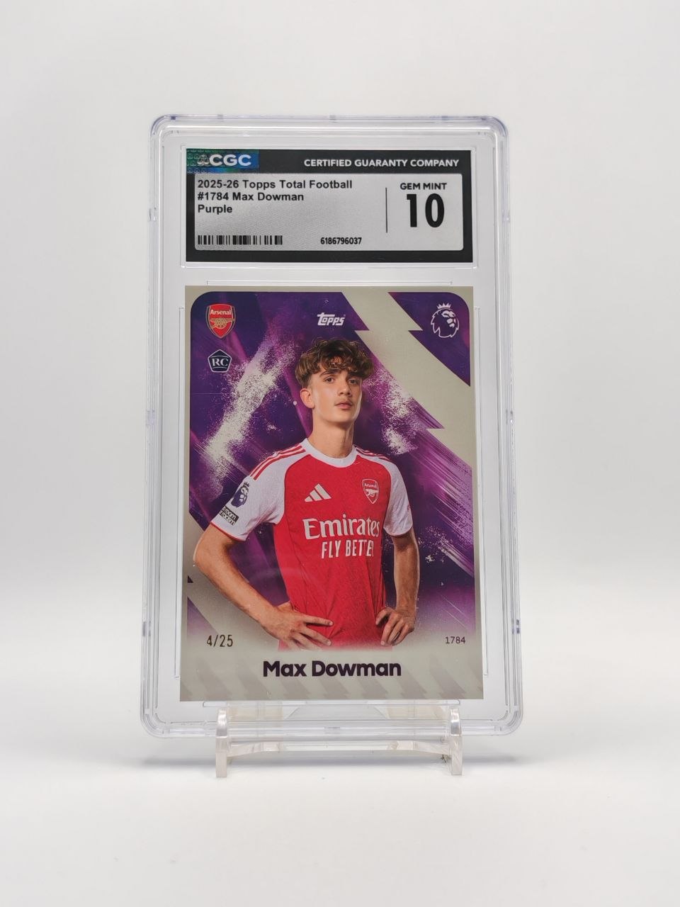 Max Dowman Arsenal Topps Total Football Purple 4/25 RC CGC Gem Mint 10, fronte