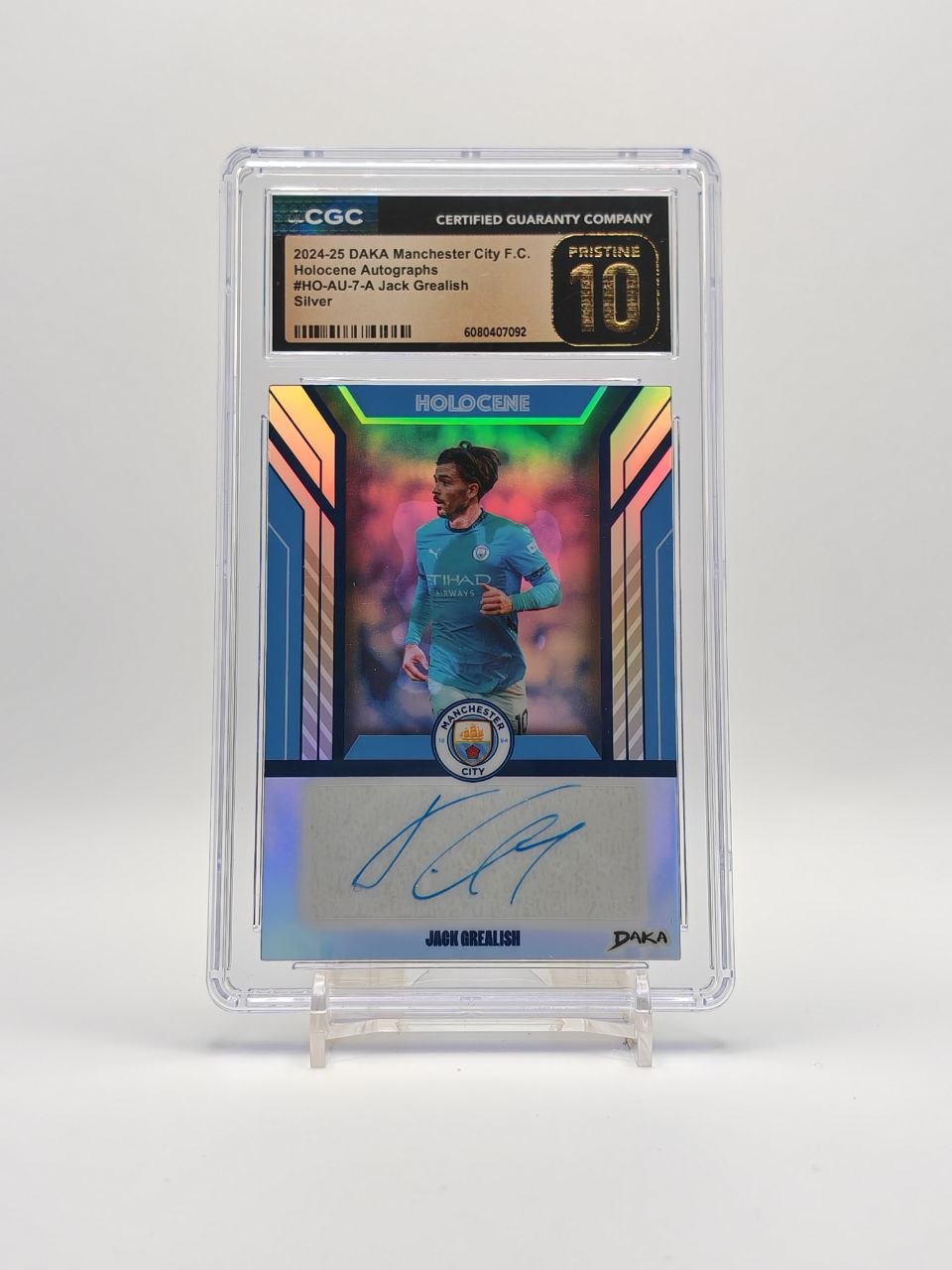 Jack Grealish Daka Manchester City Holocene Auto Silver 28/40 CGC Pristine 10, fronte